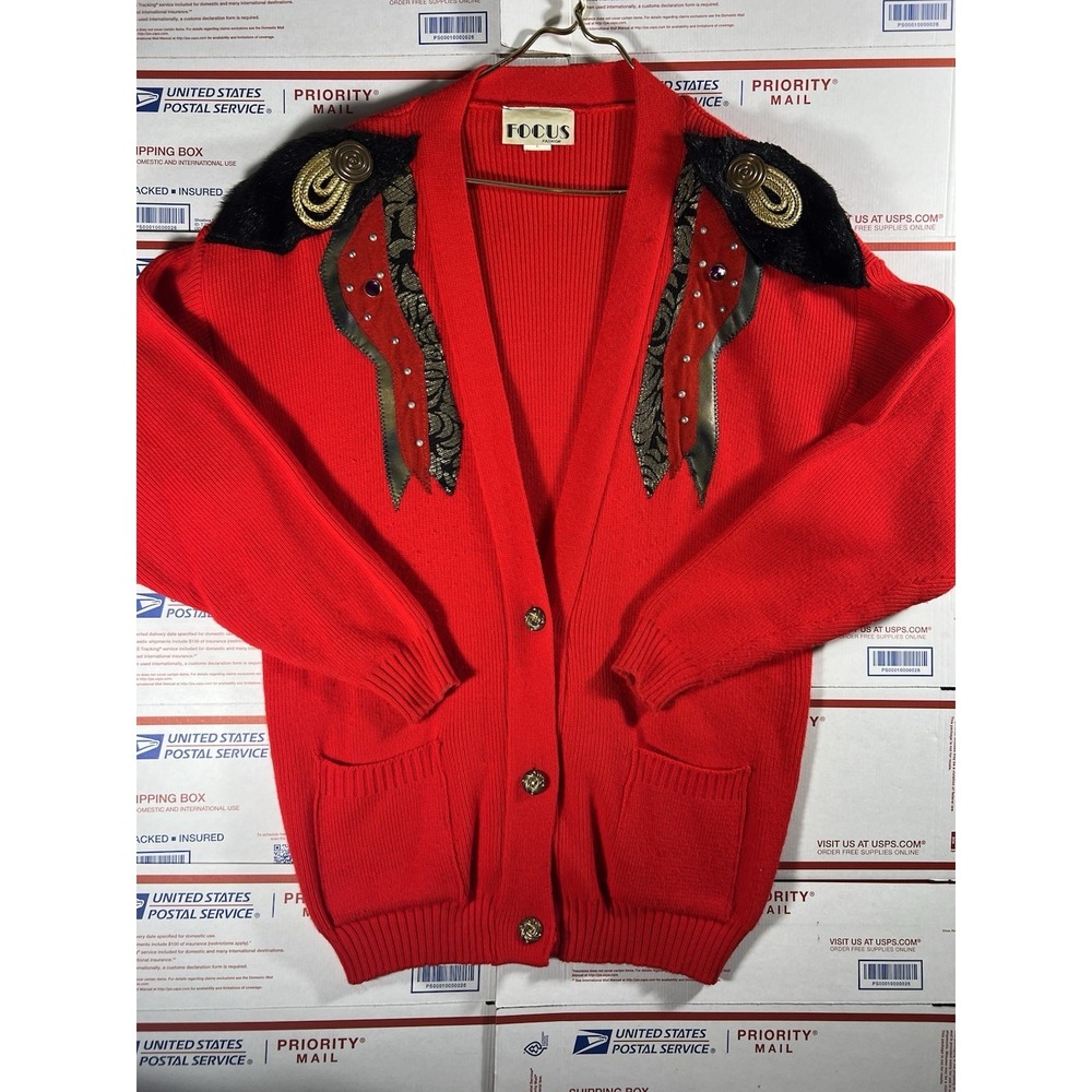 VINTAGE Focus Fashion Red Cardigan‎ Sweater Jacket Women's Large 80s 90s RARE